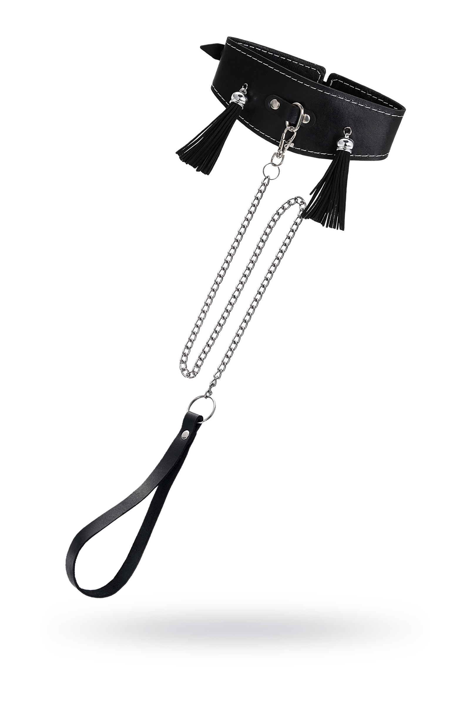 Ошейник высокий с кисточками Pecado BDSM, натуральная кожа, черный
